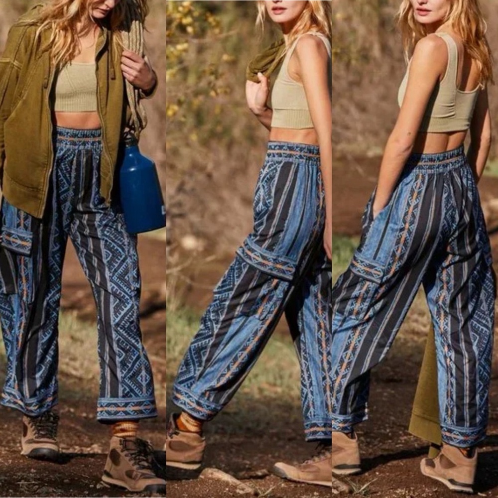 FP Movement Visionary Pants M Blue Combo Boho Gorpcore Straight Leg Cargo NWOT
